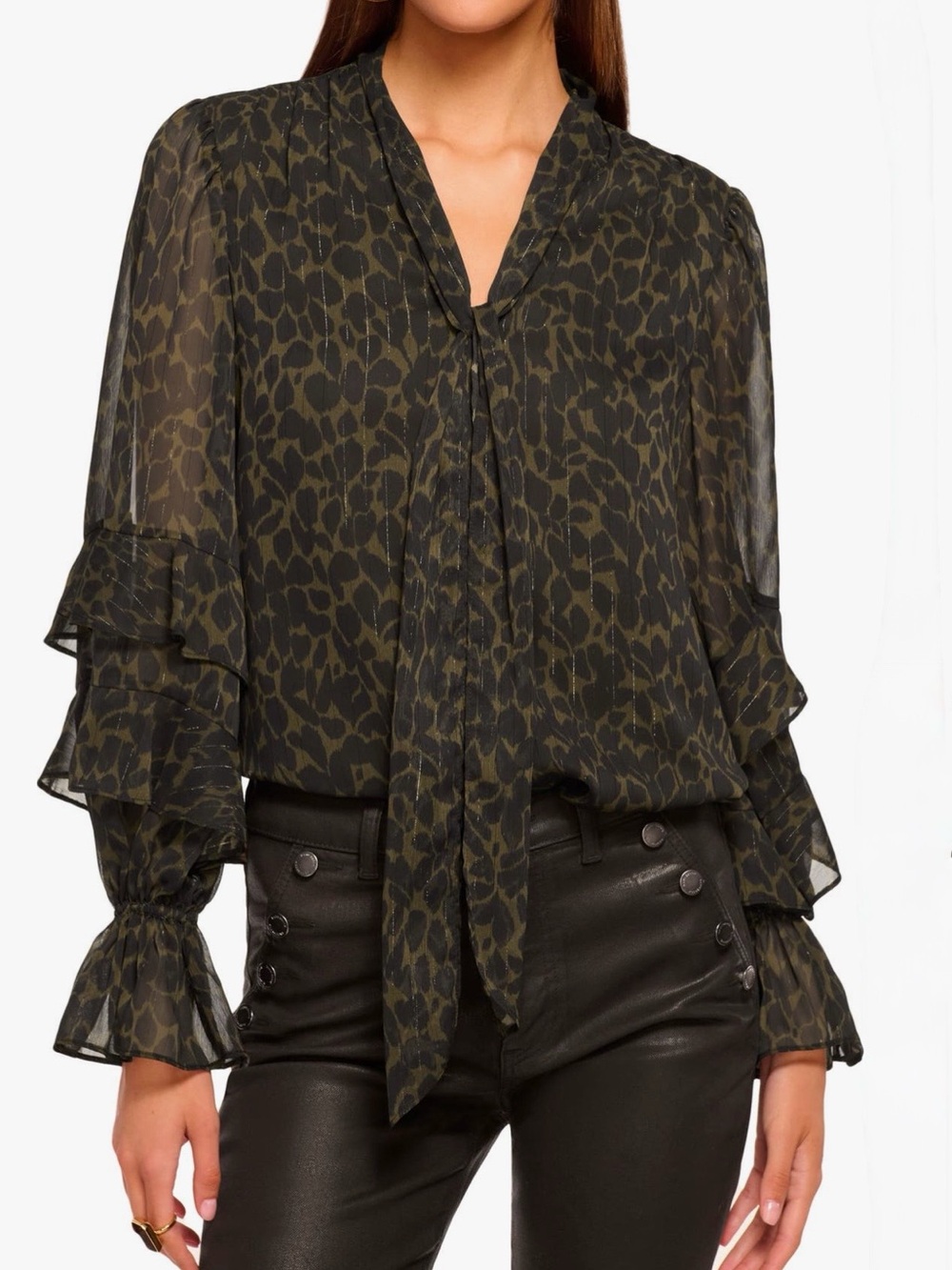 Ramy Brook Bonnie Metallic Leaf Print Ruffle Tie Neck Blouse S NWOT